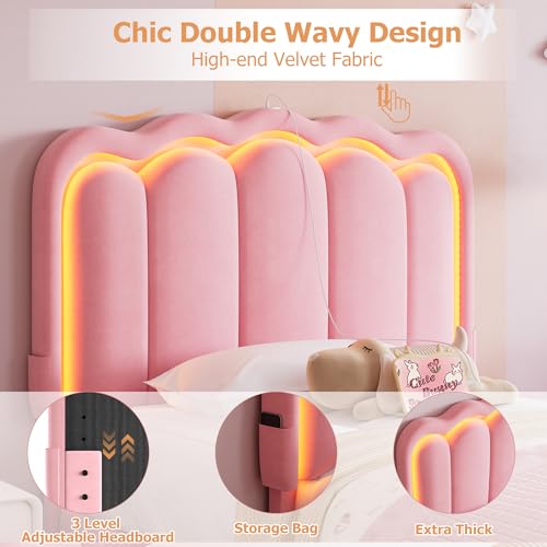 Twin Upholstered LED Bed Frame with Storage Drawer and Adjustable Chic Double Wavy Headboard, Velvet Princess Platform Bed for Kids/Girls, Solid Wood Slats Support, No Box Spring Needed, Beige