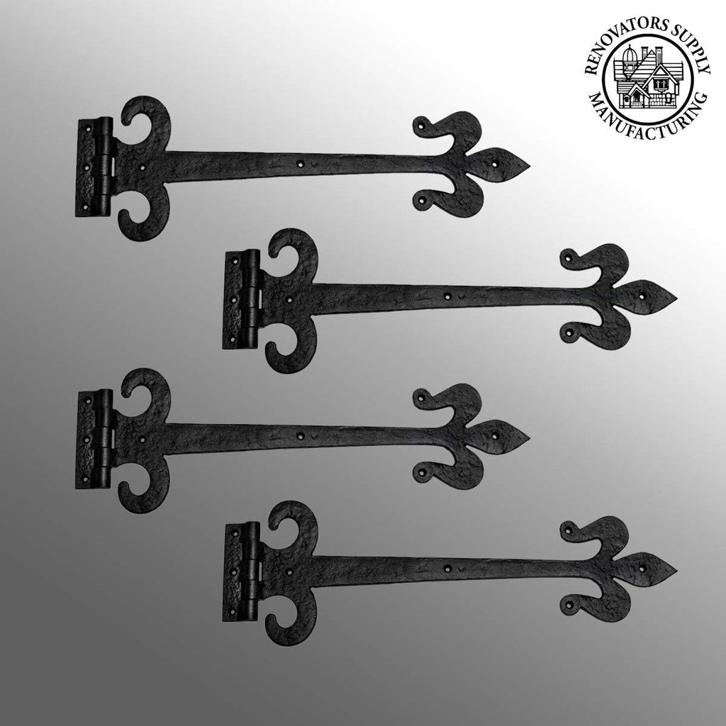 Renovators Supply Manufacturing Black Wrought Iron Door Strap Hinge 18 Long Antique Fleur De Lis Style Rust Resistant Flush Mount Door Hinges for Cabinet Or Barn Doors with Hardware Pack of 2
