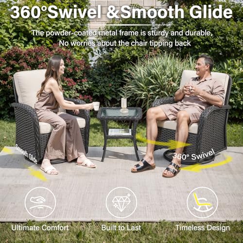 Patio Wicker Chairs Swivel Rocker - Outdoor Swivel Rocking Chairs Set of 2 with Rattan Side Table, Patio Swivel Glider Chair 3 Piece Patio Furniture Sets for Deck Porch Pool Brown/Blue