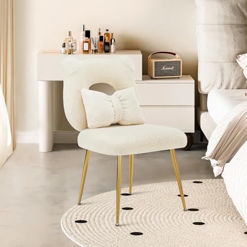 Furnimart Cute Vanity Chair, Bear Shape Makeup Chair with Backrest Pillow, Comfy Accent Chair Desk Chair Teddy fabric with Golden Metal Legs for Living Room/Dressing Room/Home Office Green