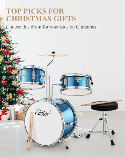 Kids Drum KIt Eastar 3-Piece for Beginners, 14 inch Drum Set with Adjustable Throne, Cymbal, Pedal & Two Pairs of Drumsticks, Junior Drum Set with Bass Tom Snare Drum, Metallic Sky Blue