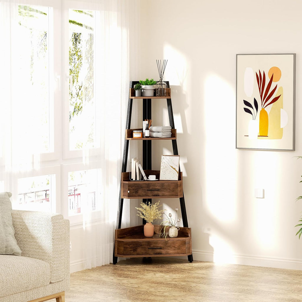 Elsie&Mi 55.1 Inch Tall Corner Shelf, 4-Tire 2 Drawers Corner Cabinet, Storage Rack for Living Room, Office, Kitchen, Basement, Bedroom, Rustic Brown