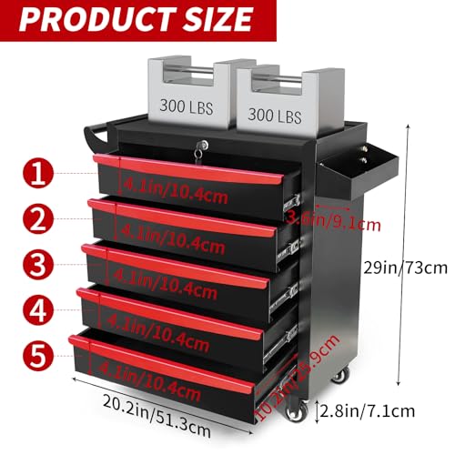 Rolling Tool Chest, Metal Tool Box with 5 Drawers, Lockable Garage Storage Cabinets Sliding Tool Drawer Cart on Wheels Toolbox Organization Workbench for Workshop Warehouse Repair Shop