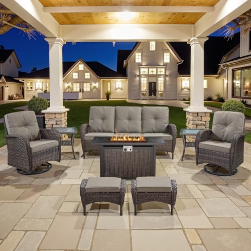Patio Wicker Chairs Swivel Rocker - Outdoor Swivel Rocking Chairs Set of 2 with Rattan Side Table, Patio Swivel Glider Chair 3 Piece Patio Furniture Sets for Deck Porch Pool Brown/Blue