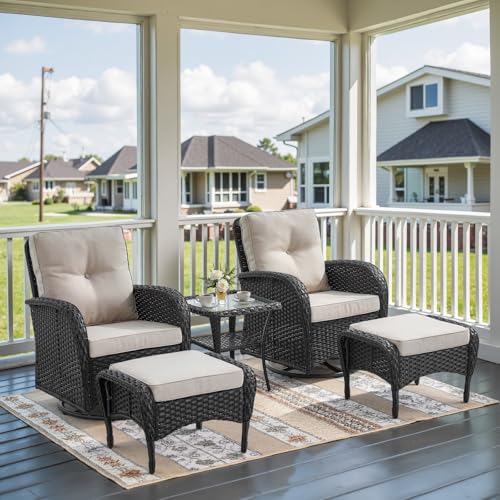 Patio Wicker Chairs Swivel Rocker - Outdoor Swivel Rocking Chairs Set of 2 with Rattan Side Table, Patio Swivel Glider Chair 3 Piece Patio Furniture Sets for Deck Porch Pool Brown/Blue