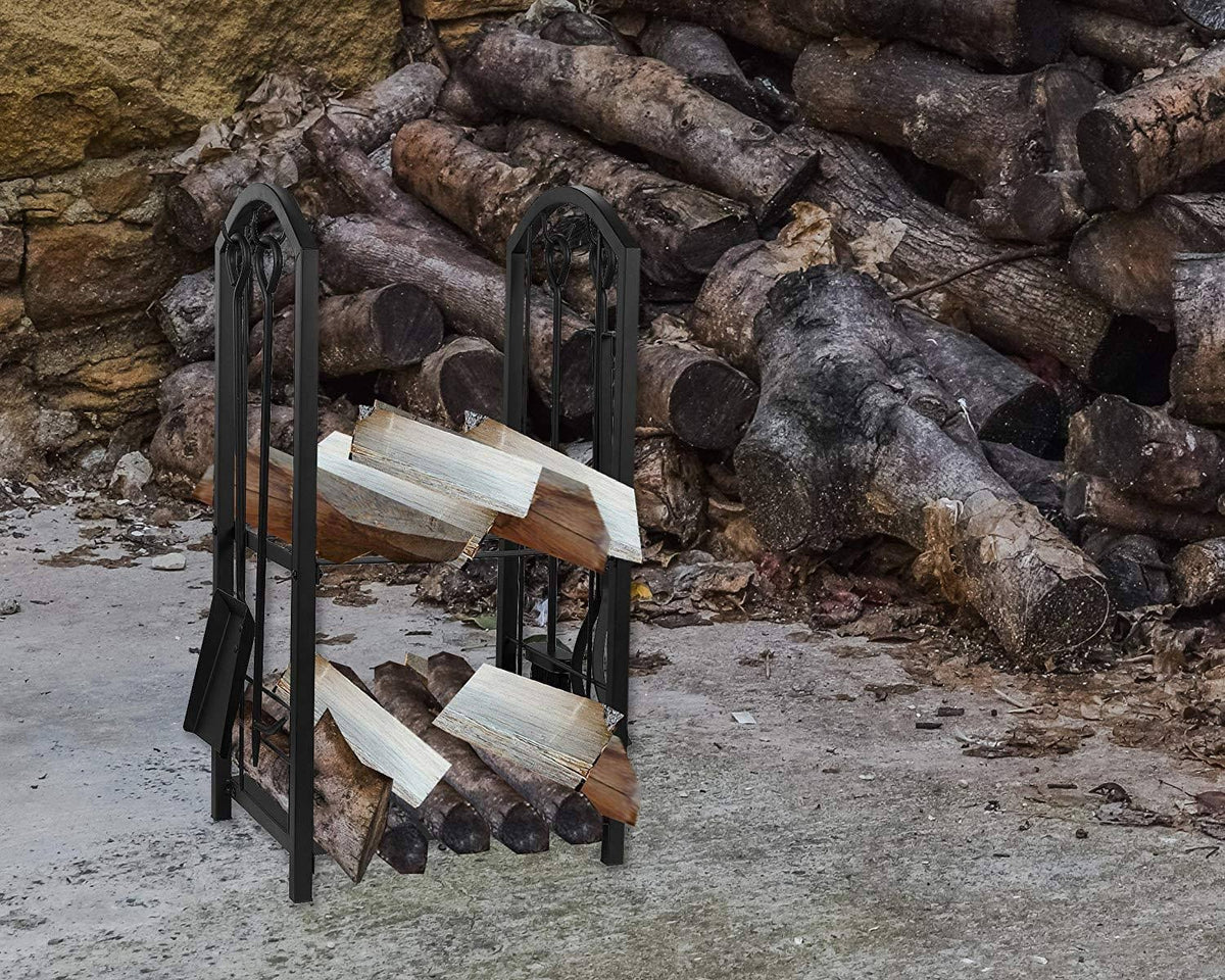 Juvale Firewood Rack with 4 Fireplace Tools - Fireplace Log Holder for Indoor An