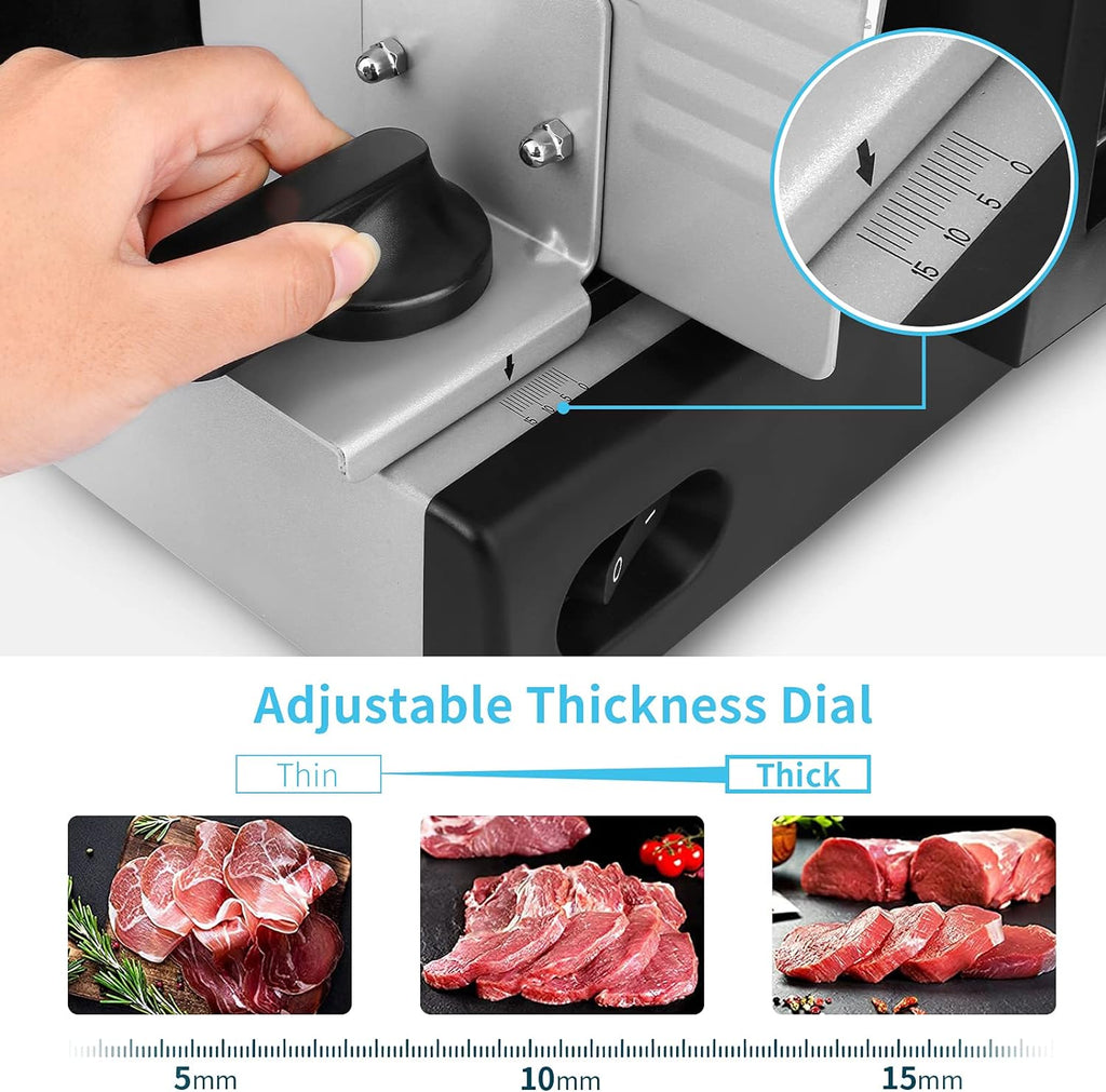 Meat Slicer, 7.5 Electric Deli Food Slicer with 2 Removable Stainless Steel Blades, Adjustable Thickness Meat Slicer for Home Use, Cuts Frozen Meat, Cheese, Bread, Vegetables, Easy to Clean, Black