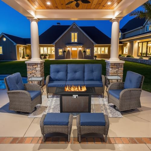 Patio Wicker Chairs Swivel Rocker - Outdoor Swivel Rocking Chairs Set of 2 with Rattan Side Table, Patio Swivel Glider Chair 3 Piece Patio Furniture Sets for Deck Porch Pool Brown/Blue