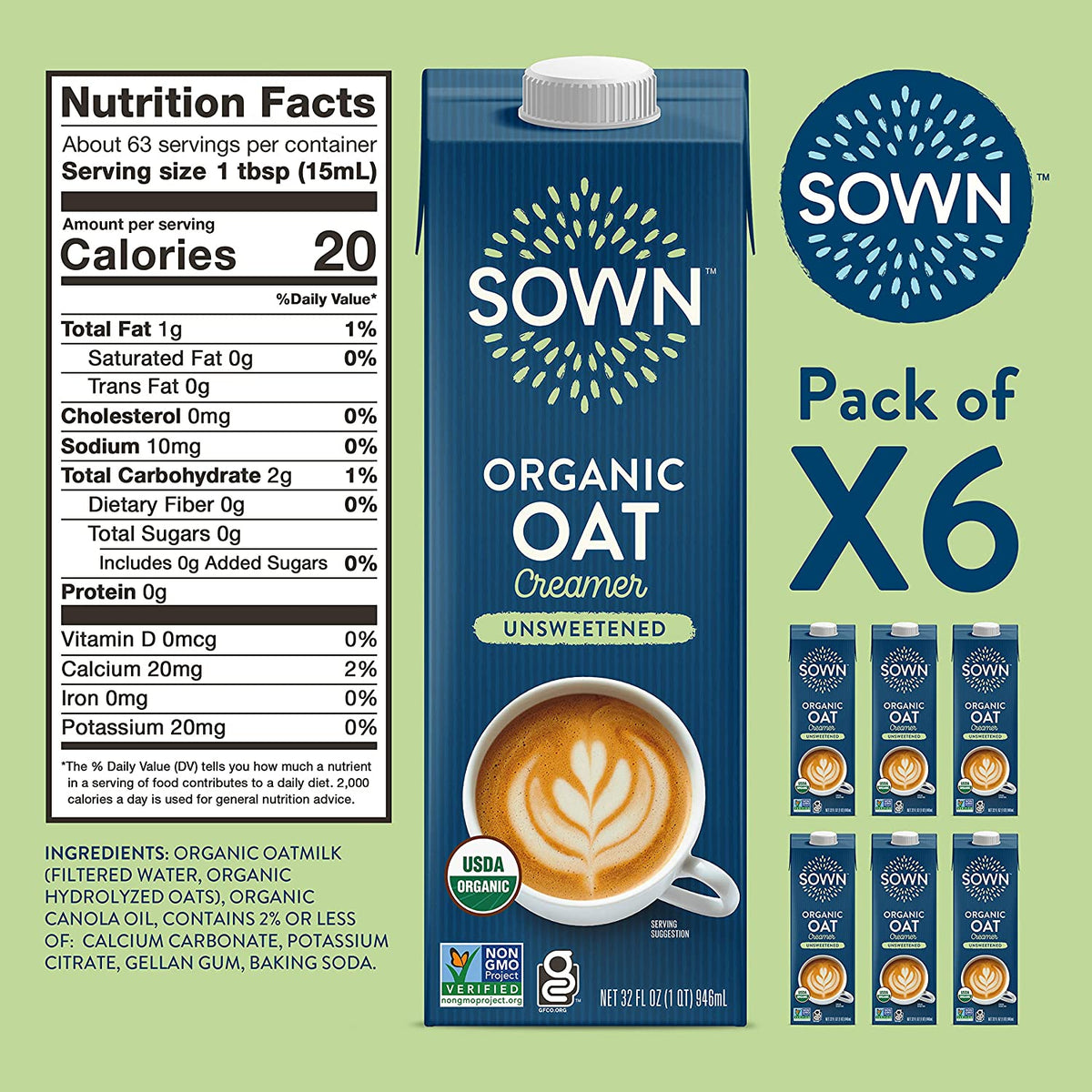 SOWN Organic Oat Creamer Unsweetened - Barista Oat Milk Non Dairy Coffee Creamer - Plant Based, Dairy-Free, Vegan, 0g Added Sugar, Gluten-Free, Non-GMO, Shelf Stable - 32oz (Pack of 6)