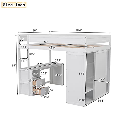 Full Size Loft Bed, Multi-Functional Solid Wood Loft Bed with Wardrobes and 2-Drawer Desk and Storage Cabinet, Modern Full Bed Frame with Built-in Ladder and Safety Guardrails,White