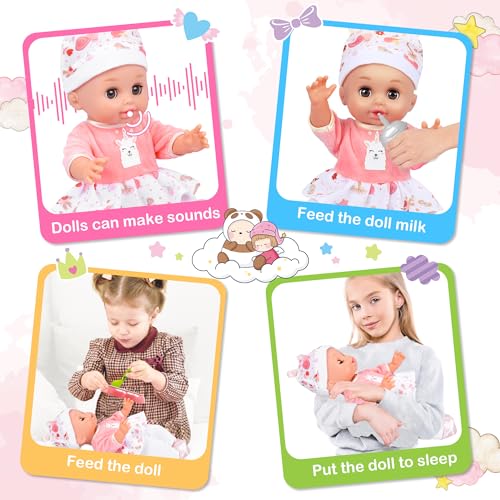 Baby Doll Toys Set, 14 Doll Toys, 25Pcs Dolls Care Toy Playset, Toddlers Toy Doll Set Incl Cradle Crib, High Chair, Milk Bottle, Pacifier, Diaper, Baby Gift for Age 3 4 5 6+ Years Old Girls Boys