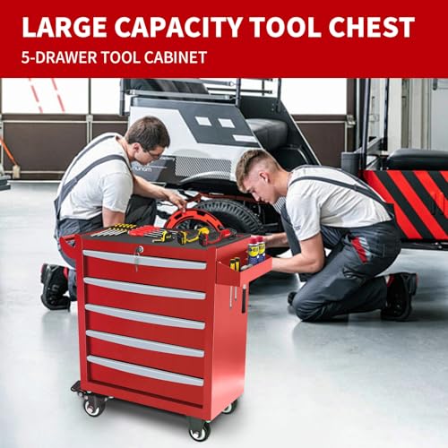 Rolling Tool Chest, Metal Tool Box with 5 Drawers, Lockable Garage Storage Cabinets Sliding Tool Drawer Cart on Wheels Toolbox Organization Workbench for Workshop Warehouse Repair Shop