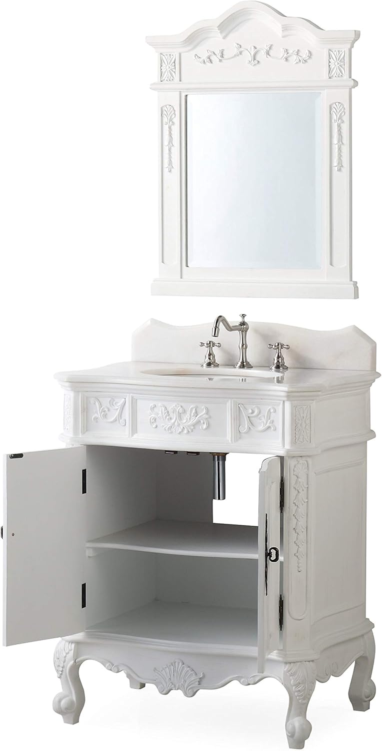 30.75 Ellenton Antique Style White Bathroom Sink Vanity & Mirror Set HF-080W-AW-BS-MIR