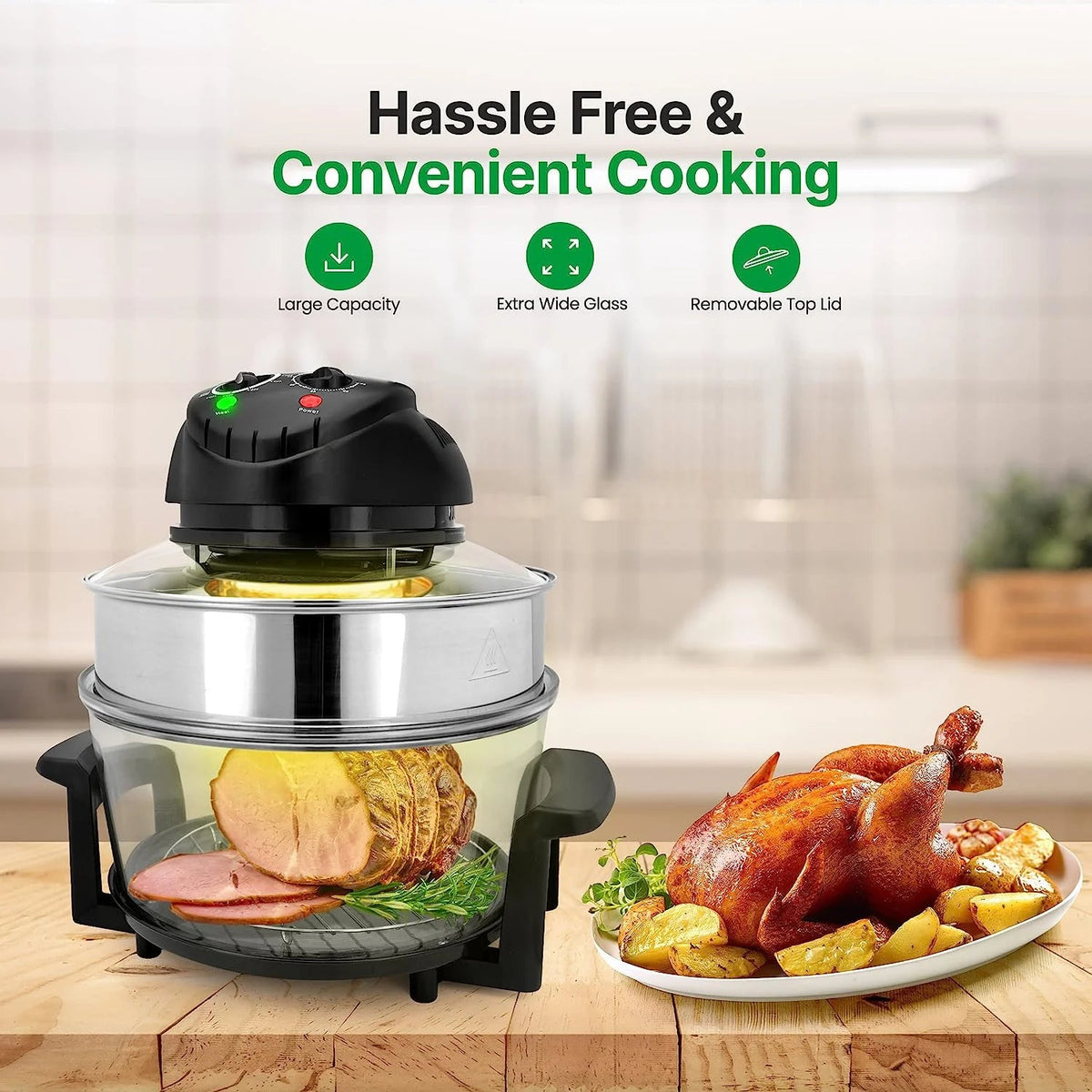 18 Quart Convection Countertop Air Fryer - See through Glass for Best Cooking Results - Air Fryer, Roaster, Bake, Grill, Steam & Roast - Includes Glass Bowl, Broil Rack & Toasting Rack
