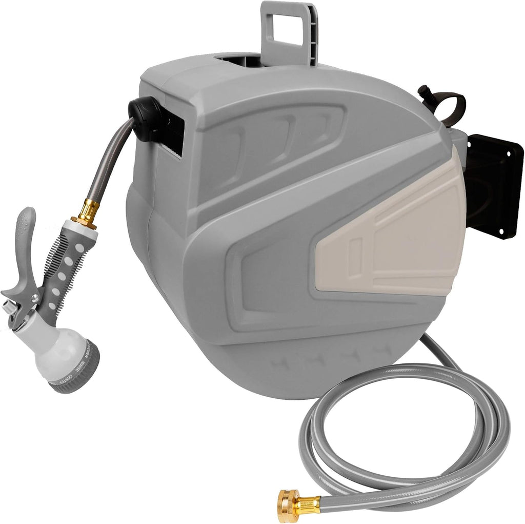Twinkle Star Retractable Hose Reel, 98.5+6.6 FT 1/2 Garden Hose Reel with 9 Pattern Nozzle, Any Length Lock Heavy Duty, Auto Rewind Slow Return System, Wall Mounted 180 Degree Pivot Swivel Bracket