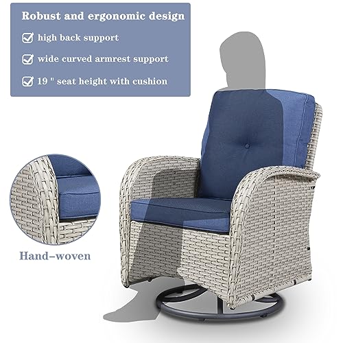 Patio Wicker Chairs Swivel Rocker - Outdoor Swivel Rocking Chairs Set of 2 with Rattan Side Table, Patio Swivel Glider Chair 3 Piece Patio Furniture Sets for Deck Porch Pool Brown/Blue