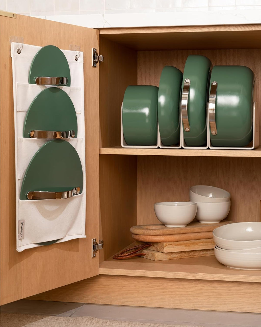 Caraway Deluxe Nonstick Ceramic Cookware Set (16 Piece) Pots, Frying Pans, Lids and Kitchen Storage - PFAS & PFOA Free - Oven Safe Ceramic Pan Set & Compatible with All Stovetops - Sage