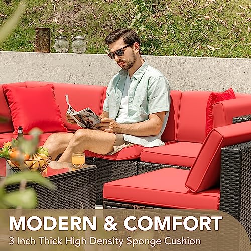Devoko Patio Furniture Sets 6 Pieces Outdoor Sectional Rattan Sofa Manual Weaving Wicker Patio Conversation Set with Glass Table and Cushion (Beige)