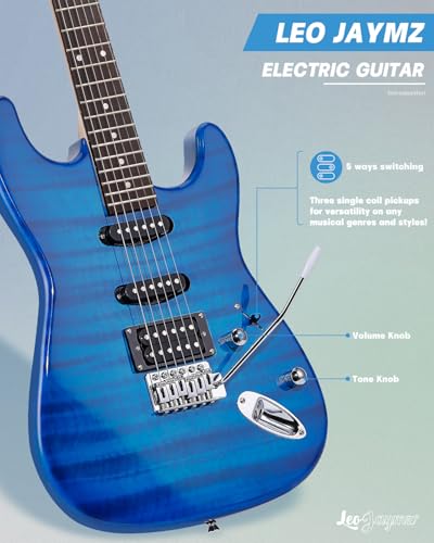 Leo Jaymz 39 Full Size ST Style Electric Guitar Starter Kit with SSH Pickup, 5W Portable Amp, Tuner, Gig Bag, Strap & Accessories (Violet Ocean)