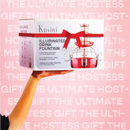 Kusini Drink Fountain for Parties - 1.5 Gal, 3 Tier Punch Bowl Champagne Tower, LED Base, 4 Reusable Cups - Drink Tower Machine for Soda, Juice, Mimosa, Pani Puri Fountain for Party Hosting Supplies