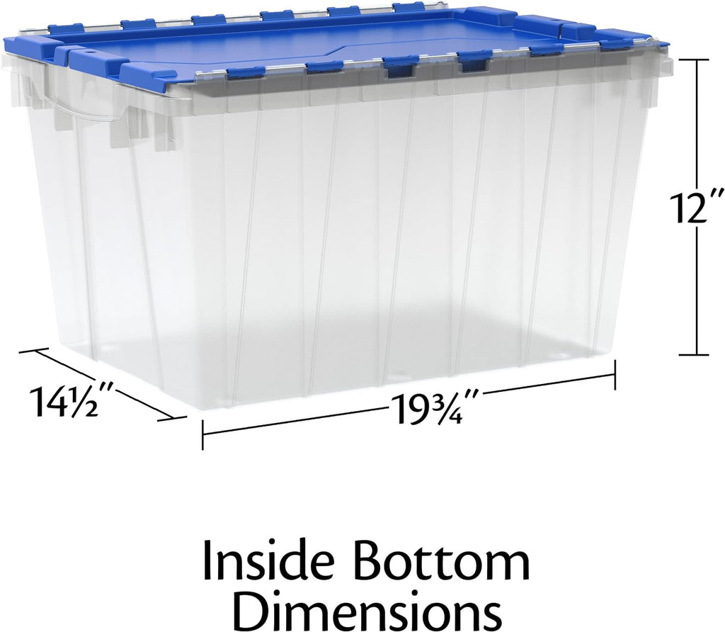 Akro-Mils KeepBox 12 Gallon Storage Container, Nesting and Stackable Plastic Storage Box with Lid Attached, Clear Tote for Garages, Closets, and Moving, 21-1/2 x 15 x 12-1/2, Clear/Blue, 6-Pack