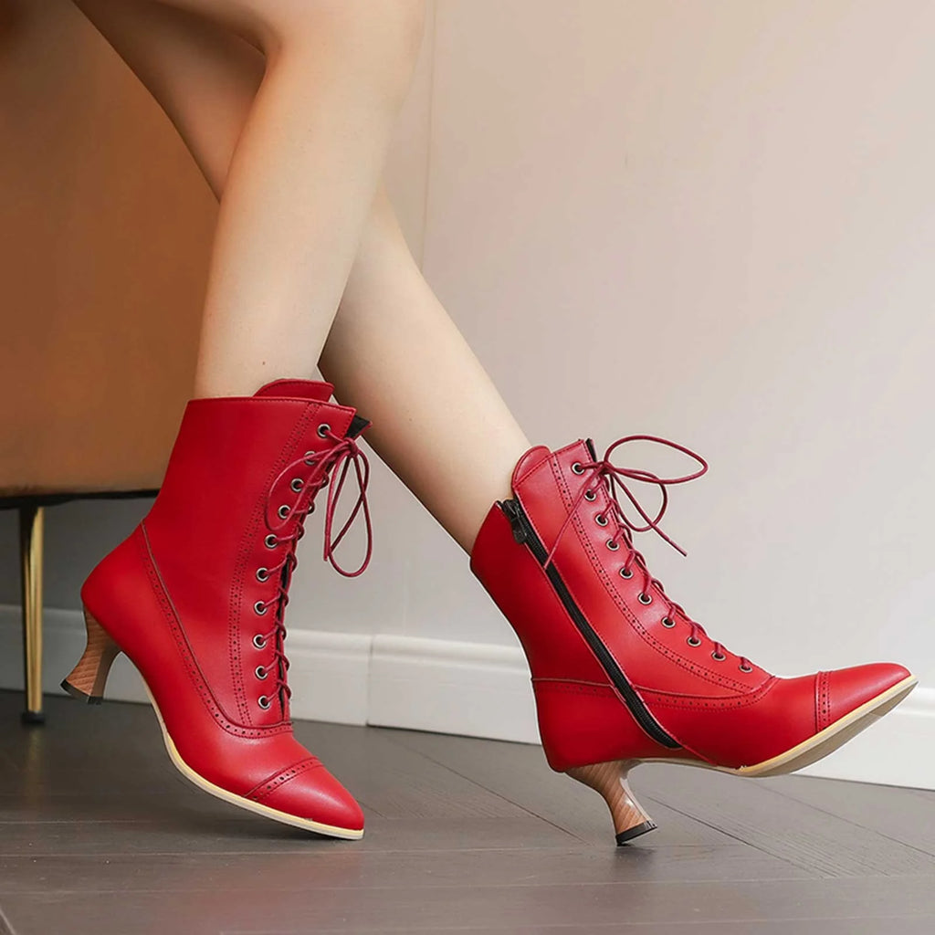 PMUYBHF Female Women Sandals and Slides Lace up British Boots Wine Glasses and Round Headed Solid Color Large Women's Short Boots Red 38