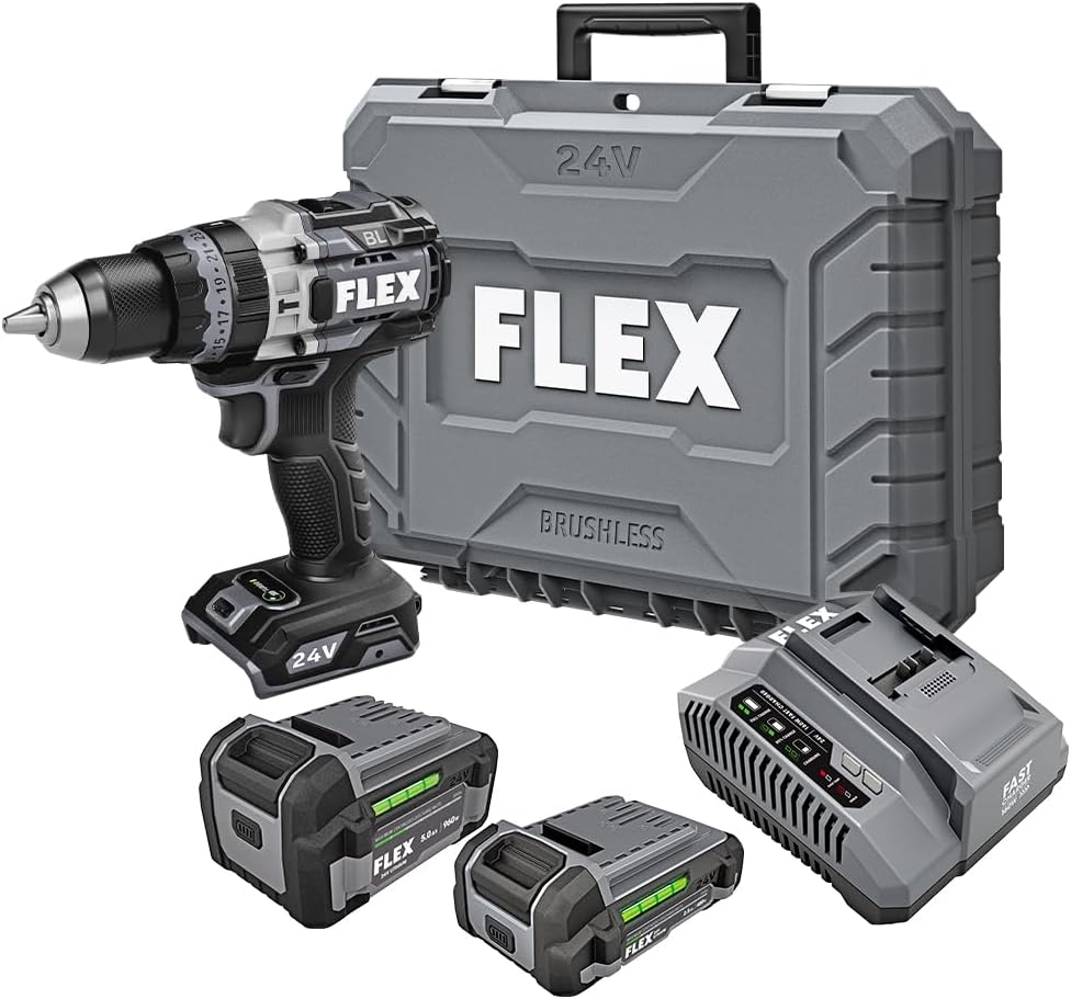 FLEX 24V Brushless Cordless 1/2-Inch 1,400 In-Lbs Torque 2-Speed Hammer Drill Turbo Mode Kit with 6.0Ah Stacked Lithium Battery and 280W Rapid Charger - FX1271T-1H