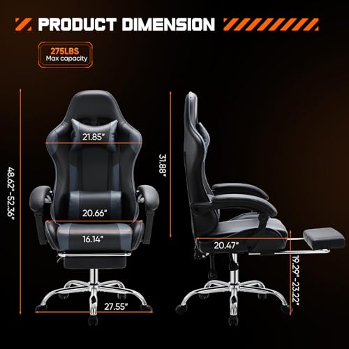 DUMOS Ergonomic Gaming Desk Chair - PU Leather Recliner with Footrest, Lumbar Support, Headrest, Fixed Armrests, Height Adjustable, 360?? Swivel, Grey, for Adults