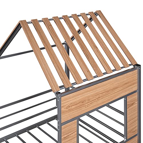 Harper & Bright Designs Kids House Beds Low Loft Bed Frame with Roof, Window, Guardrail and Ladder, Metal Twin Size Loft Bed for Kids Teens Girls Boys (Twin, White)