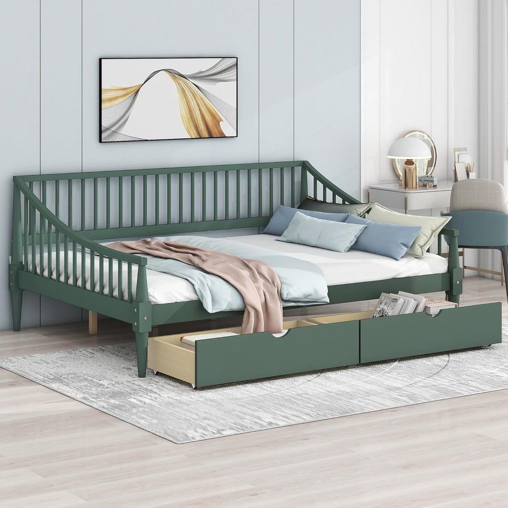 Full Size Wooden Daybed with 2 Storage Drawers and Wood Support Legs, Multi-Functional Full Day Bed wtih Rails on 3 Sides for Bedroom, Living Room and Guestroom, Green