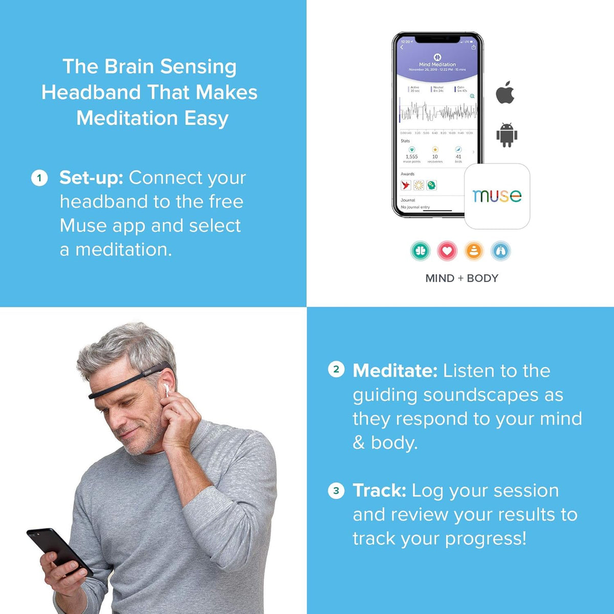 MUSE 2: The Brain Sensing Headband - Meditation Tracker Multi Sensor Headset Device - Responsive Sound Feedback for Brain Wave, Heart, Body & Breath Activity,Black/Grey