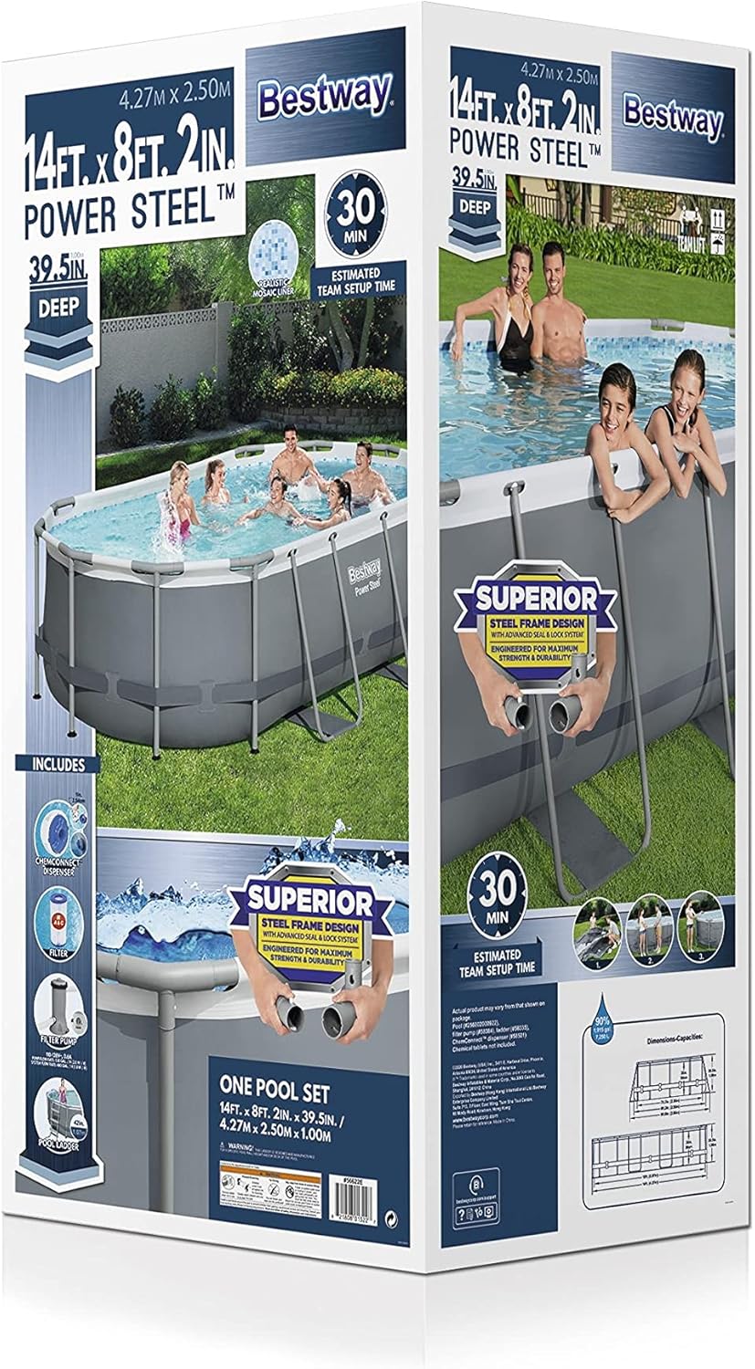 Bestway 56655E Power Steel 16ft x 10ft x 42in Outdoor Oval Frame Above Ground Swimming Pool Set with 1000 GPH Cartridge Filter Pump, Ladder, and Cover