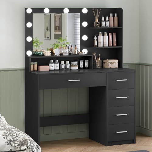 Makeup Vanity Desk with Mirror, 10 Lights, 5 Drawers, 3 Storage Shelves, 3 Color Modes & Adjustable Brightness Dressing Table, 35.4?? Desk, Black