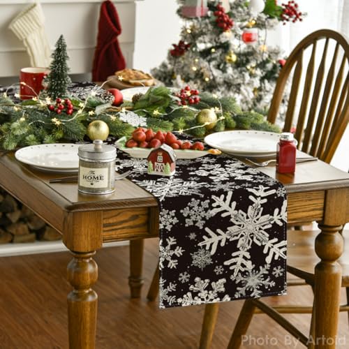 Artoid Mode Navy Blue Snowflakes Christmas Table Runner, Seasonal Winter Holiday Kitchen Dining Table Decoration for Home Party Decor 13x72 Inch