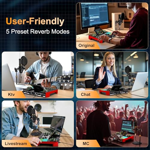 Podcast Microphone Bundle with Live Sound Card Audio Mixer, Podcast Equipment Bundle with 3.5mm Condenser Microphone for Pc/Phone Live Streaming Singing Gaming, Sound Board with Voice Changer, Denoise