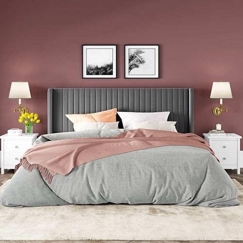 Allewie Queen Size Velvet Bed Frame/Vertical Channel Tufted Wingback Headboard/Upholstered Platform Bed/Strong Wooden Slats/No Box Spring Needed/Easy Assembly/Black