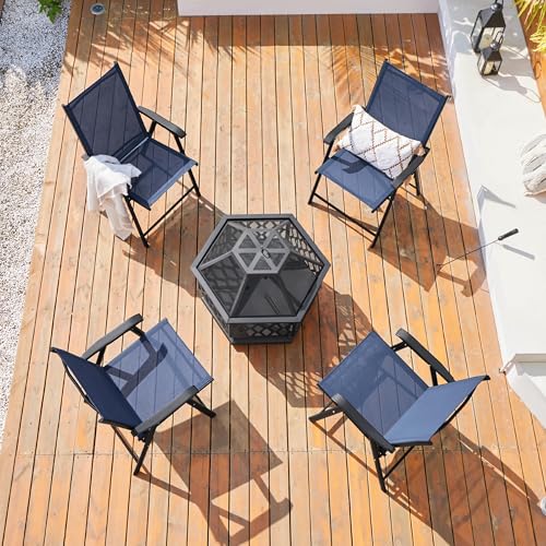 Yaheetech Patio Dining Chairs Set of 4 with Armrests, Outdoor Folding Chairs with Metal Frame and Backrest for Lawn, Garden, Yard and Poolside, Black