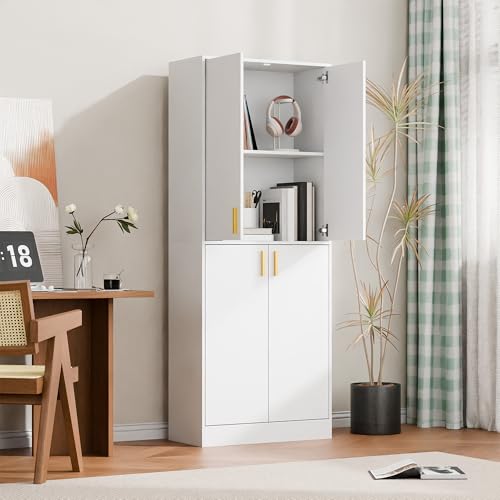 Cozy Castle Kitchen Pantry Cabinet, 71 Tall Wood Storage Cabinet with Doors and Shelves 4 Doors Freestanding Cupboard Utility Hutch for Dining Room Living Room Bathroom Furniture, Gray