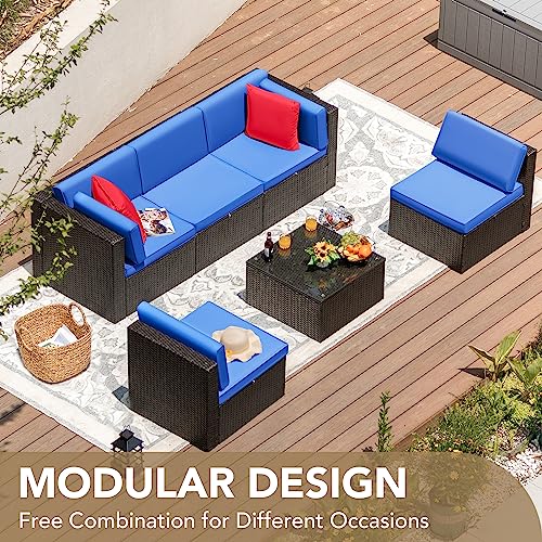 Devoko Patio Furniture Sets 6 Pieces Outdoor Sectional Rattan Sofa Manual Weaving Wicker Patio Conversation Set with Glass Table and Cushion (Beige)