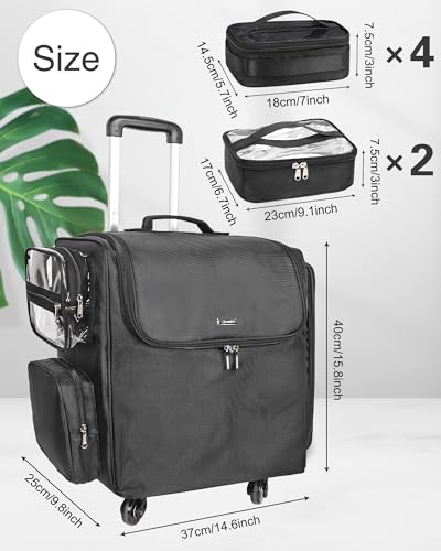 Relavel Rolling Makeup Train Case, Hairstylist Traveling Bag with 4 Wheels, Heat Insulation Full Layer, Adjustable Dividers, Hair Tools and Cosmetics Storage Organizer Trolley Suitcase Makeup Cart