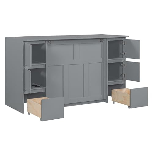 Twin Size Murphy Beds with Charging Station and Storage Drawers, Wood Cabinet Bed Frame, Wall Bed with Outlet & USB Ports for Home Office Studio, White