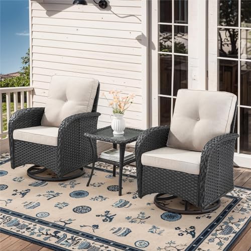 Patio Wicker Chairs Swivel Rocker - Outdoor Swivel Rocking Chairs Set of 2 with Rattan Side Table, Patio Swivel Glider Chair 3 Piece Patio Furniture Sets for Deck Porch Pool Brown/Blue
