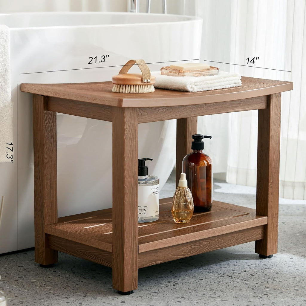 HDPS Shower Bench Seat, Poly Lumber Bathroom Stool for Inside Shower Waterproof, Foot Rest Stool for Shaving Legs with Adjustable Feet, Plastic Spa Bath Chair Seat for Bathroom, Non-Slip, Brown