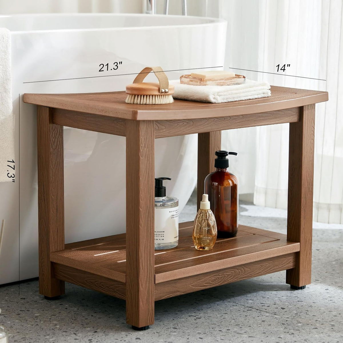 HDPS Shower Bench Seat, Poly Lumber Bathroom Stool for Inside Shower Waterproof, Foot Rest Stool for Shaving Legs with Adjustable Feet, Plastic Spa Bath Chair Seat for Bathroom, Non-Slip, Brown