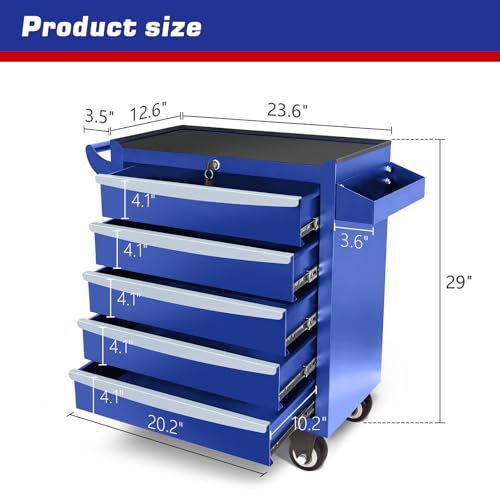 Rolling Tool Chest, Metal Tool Box with 5 Drawers, Lockable Garage Storage Cabinets Sliding Tool Drawer Cart on Wheels Toolbox Organization Workbench for Workshop Warehouse Repair Shop
