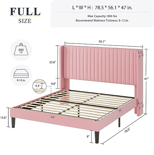 Allewie Queen Size Velvet Bed Frame/Vertical Channel Tufted Wingback Headboard/Upholstered Platform Bed/Strong Wooden Slats/No Box Spring Needed/Easy Assembly/Black
