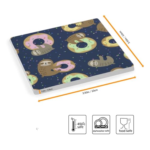 Donut Sloth Square Coasters for Drinks 4 Packs, Absorbent Heat-Resistant Ceramic Stone Coaster Desktop Protector with Cork Base for Kitchen Bar Home Decor, 3.9 Inch