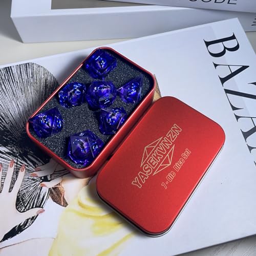 Sharp Edge Resin DND Dice Set Handmade Quicksand Liquid 7 Pcs Polyhedral RPG Dice with Box for Dungeons and Dragons Gifts D and D Role Playing Dice Games (Styles 12 Quicksand Blue)