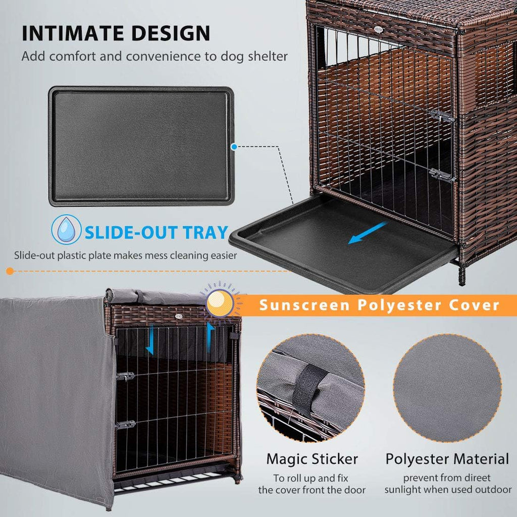 DEStar Heavy Duty PE Rattan Wicker Pet Dog Cage Crate Indoor Outdoor Puppy House Shelter with Removable Tray and UV Resistant Cover
