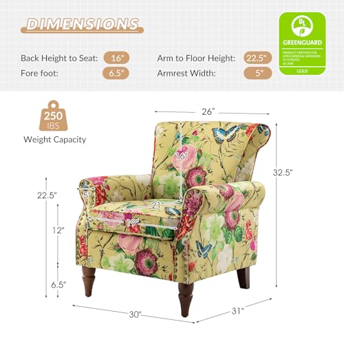 HULALA HOME Modern Wingback Accent Chair with Wood Legs & Removable Cushion, Comfy Upholstered Armchair with Nailhead Trim, Floral Pattern Single Sofa Chair for Living Room Bedroom, Blue